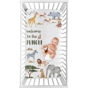 Sweet Jojo Designs Gender Neutral Photo Op Fitted Crib Sheet Jungle Animals Green Yellow and Grey - 1 of 4