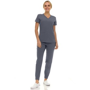 Saint Scrubs Womens 9-Pocket Medical Uniform Set- V-Neck Stretch Top with Seven Pocket Jogger Scrub Pant - 1 of 4