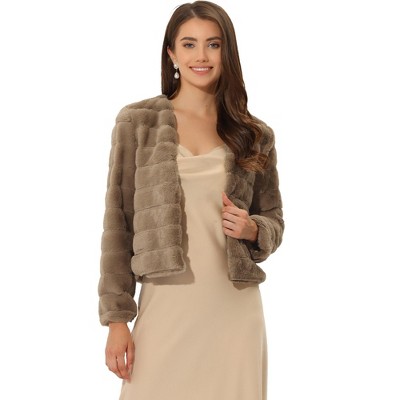 Allegra K Women's Winter Warm Cropped Collarless Faux Fur Fluffy Jacket