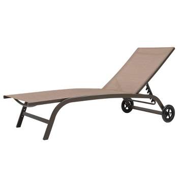 Outdoor Adjustable Chaise Lounge Chair with Cart Wheels - Brown - Crestlive Products