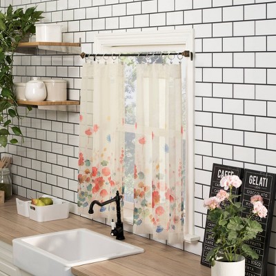 Poppy Red Floral Sheer Polyester Rod Pocket Kitchen Curtains, 54" x 24"