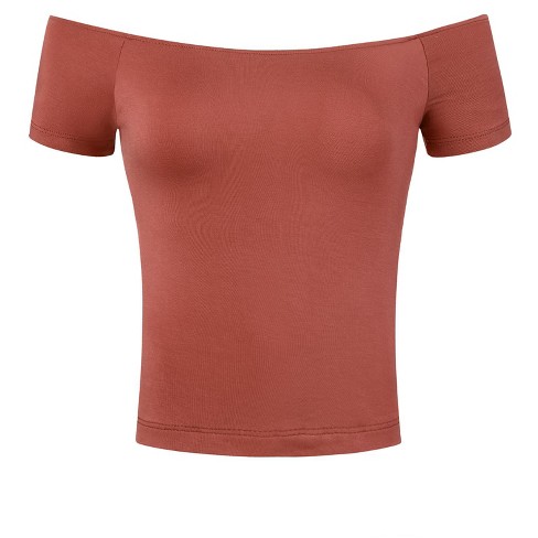 INSPIRE CHIC Women's Short Sleeves Off The Shoulder Stretchy Fabric Solid Crop Top - image 1 of 4