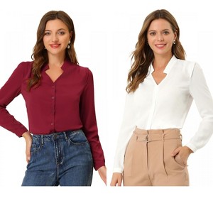 INSPIRE CHIC Women's Elegant V Neck Work Office Button Up Shirt 2 Packs - 1 of 4