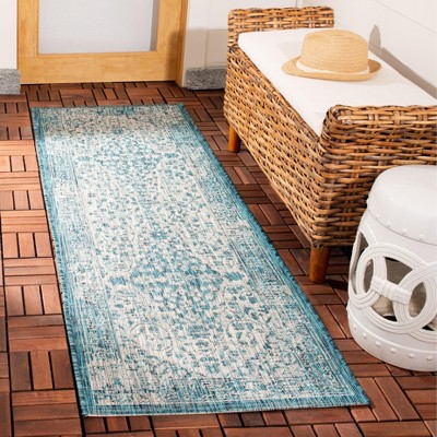 Teal and Cream Synthetic Non-slip Indoor/Outdoor Rug