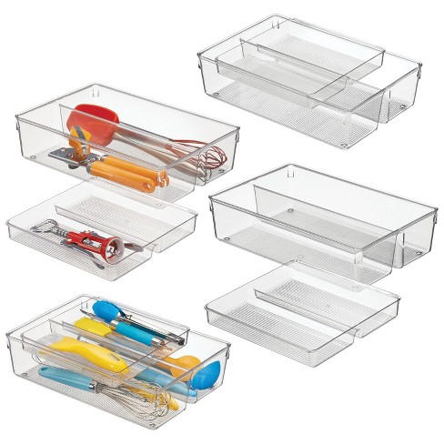 mDesign Linus Plastic Stackable 2-Tier Kitchen Drawer Organizer Cutlery  Tray Bin, Clear - 8 x 12 x 3, 4 Pack