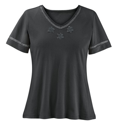 Collections Etc Flattering V-Neck Lace Trim Short Sleeve Top