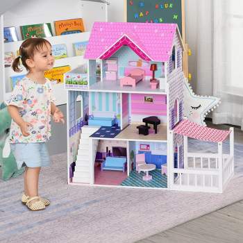 Qaba Kids Wooden Multi-Level Dream House Villa Kit with Furniture and Accessories