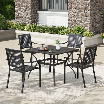 Captiva Designs 5pc Patio Slat-top Square Steel Dining Table with Umbrella Hole & Metal Arm Chairs