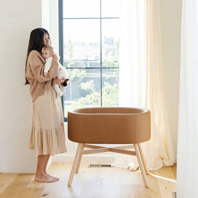 Camel Vegan Leather and Wood Bassinet for Newborns