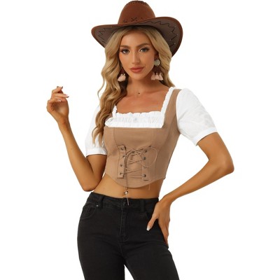 INSPIRE CHIC Women's Contrast Puff Sleeve Square Neck Lace Up Faux Suede 2 in 1 Crop Top