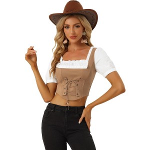INSPIRE CHIC Women's Contrast Puff Sleeve Square Neck Lace Up Faux Suede 2 in 1 Crop Top - 1 of 4
