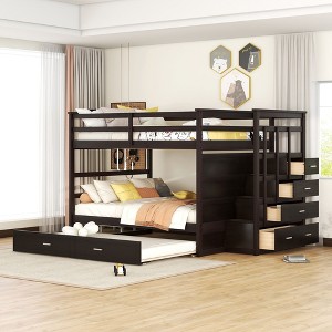 NicBex Full over Full Bunk Bed Triple Wood Bed Frame with Wheels, Storage Stairs and Full Length Guardrail, No Box Spring Required - 1 of 4