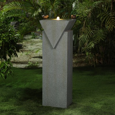 Patina Gray Resin Pillar Fountain with Bronze Birds and LED Lights