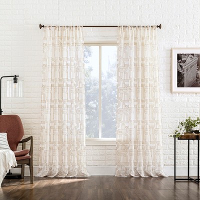 Champagne Sheer Embroidered Polyester Rod Pocket Curtain Panel, 50" x 63"