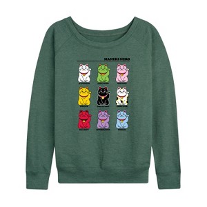 Women's - Instant Message - Lucky Cat Lightweight French Terry Wide Neck Long Sleeve Graphic Shirt - 1 of 4