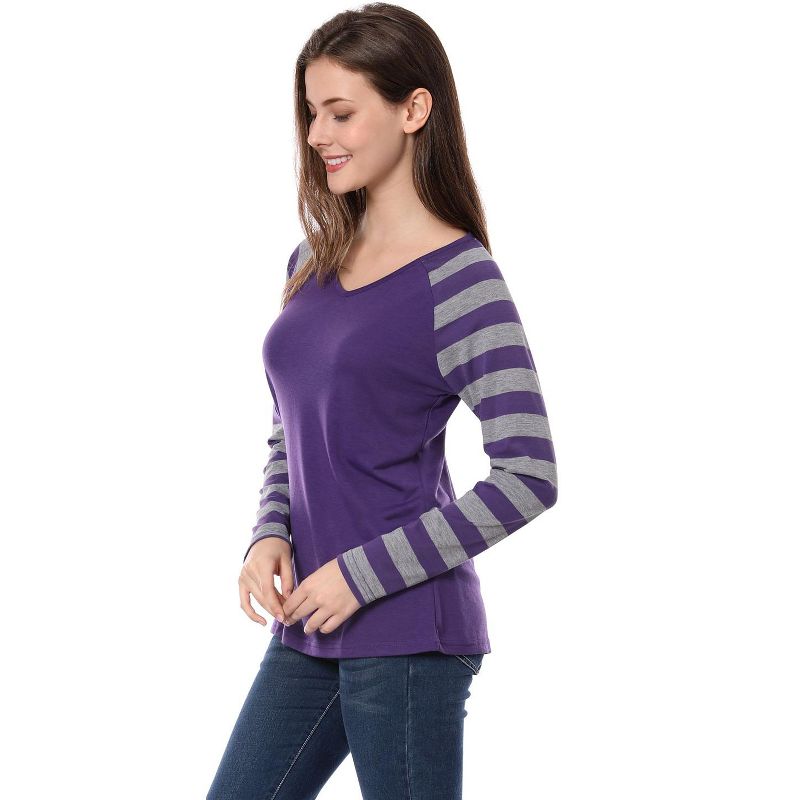 Allegra K Women's Striped V Neck Long Raglan Sleeve T-Shirts, 5 of 7