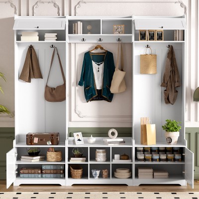 ACEPANO 79.1 in. W Modern 4-in-1 Hall Trees with Shoe Rack, 8 Storage Compartments, 7 Coat Hooks & Adjustable Shelves-White