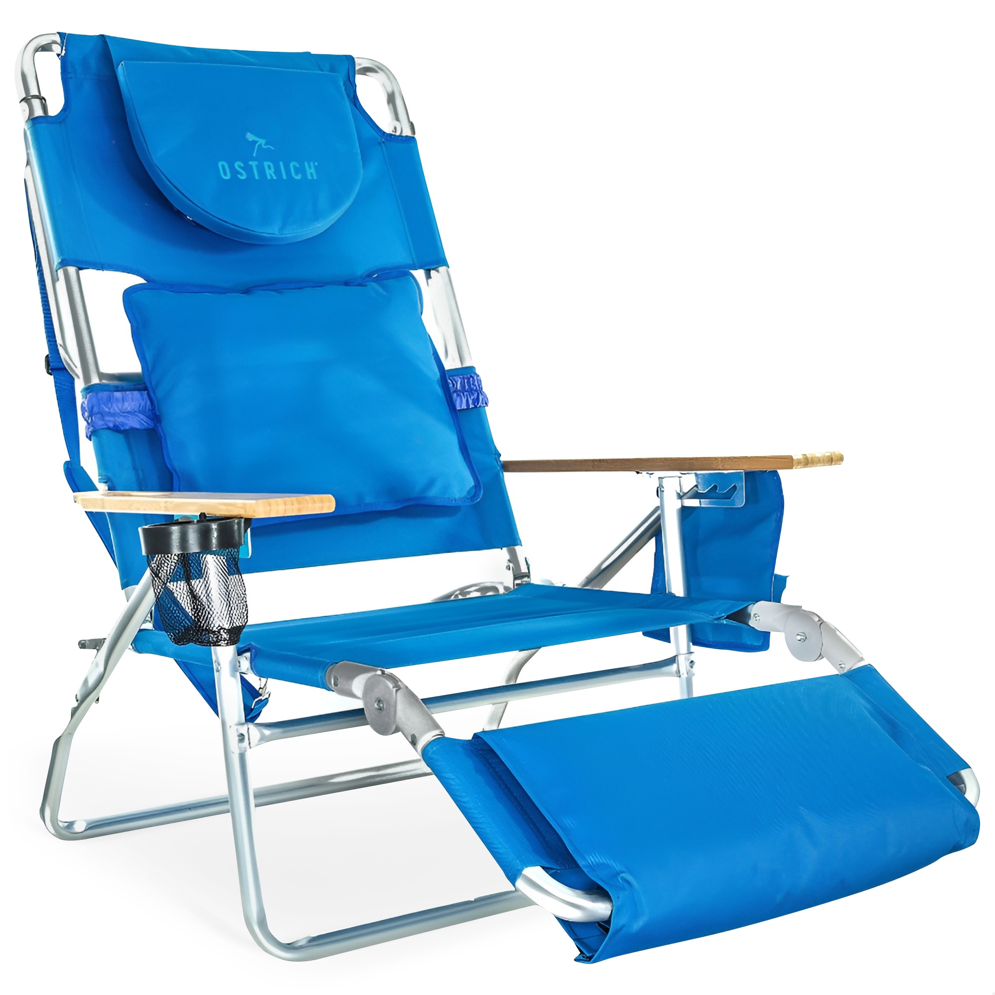 Ostrich Deluxe 3N1 Padded Beach Chair w/ Face Cushion & Arm Holes, Blue - Lightweight Folding Recliner w/ Adjustable Backrest & Footrest, Cup Holder,