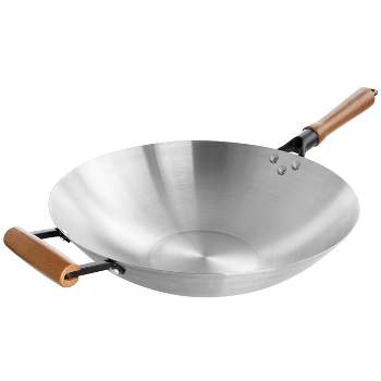 Oster Sangerfield 14in Stainless Steel Flat Bottom Wok with Wooden Handles