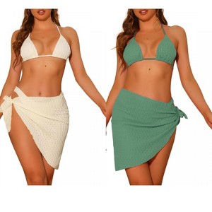 Elerevyo Women's Halter Bikini Sets, Hollow Out Mesh Swimsuits with Sarong Cover Ups Beach Skirt Bathing Suit 3 Pcs 2 Sets - 1 of 4