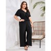 Women Plus Size Ruffle V Neck Short Sleeve Wide Leg Jumpsuits Summer Casual Belted Rompers - 4 of 4
