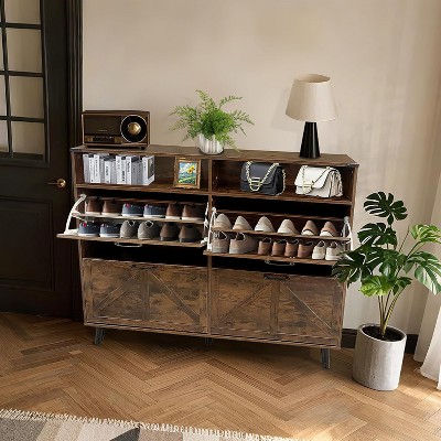 Farmhouse Shoe Storage Cabinet with 4 Flip Drawers, Narrow Shoe Organizer for Entryway, Hallway, Living Room