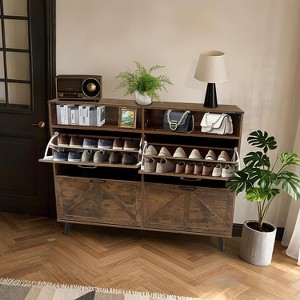 Farmhouse Shoe Storage Cabinet with 4 Flip Drawers, Narrow Shoe Organizer for Entryway, Hallway, Living Room - 1 of 4