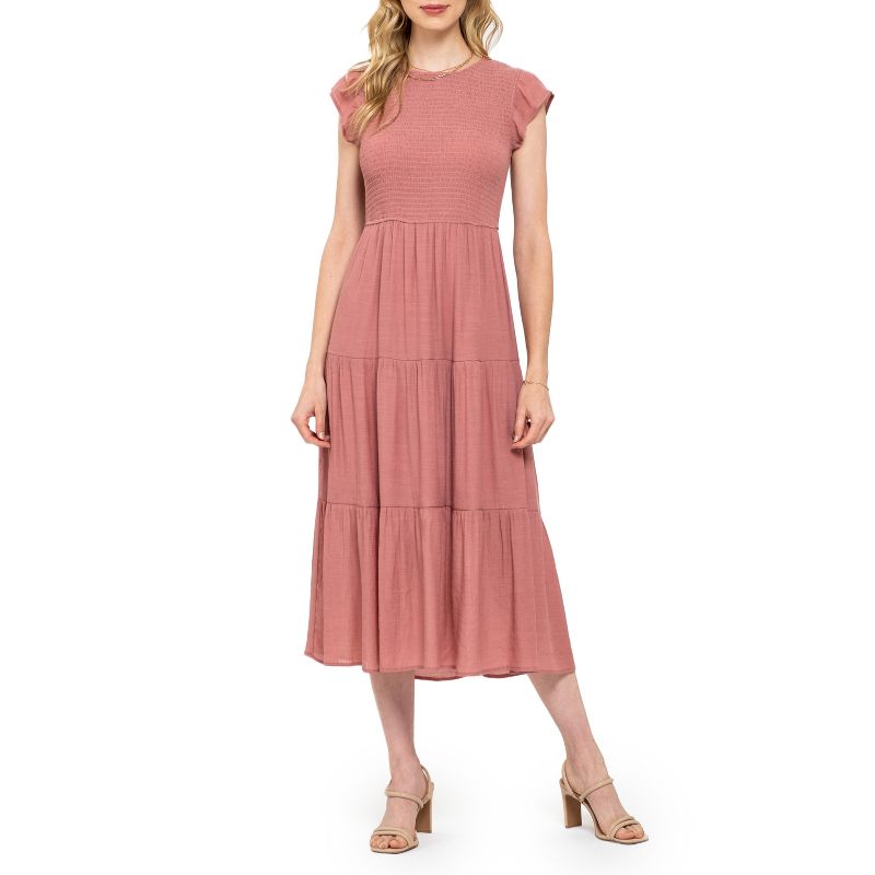 August Sky Women`s Smocked Ruffle Sleeve Tiered Midi Dress, 1 of 9