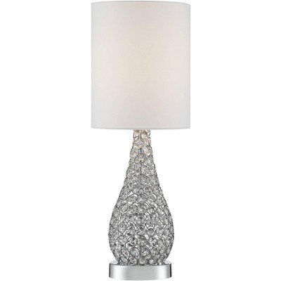 Possini Euro Design Modern Accent Table Lamp Crystal Bead Silver Gourd White Drum Shade for Living Room Family Bedroom Bedside Nightstand