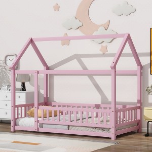 Whisen Twin Size Floor Wooden Bed with House-shaped Roof Frame and Fence Guardrails - 1 of 4