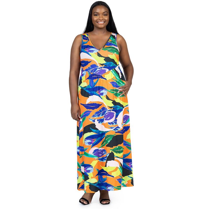24seven Comfort Apparel Multicolor Floral Sleeveless V Neck Plus Size Maxi Dress With Pockets, 1 of 7
