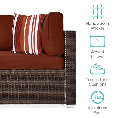 7-Piece Brown Wicker Outdoor Modular Sectional Set with Rust Cushions
