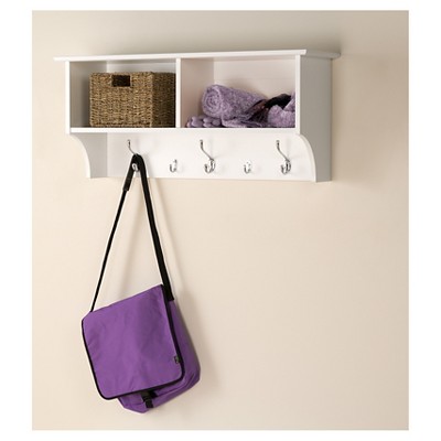 White Wall-Mounted Entryway Shelf with Hooks and Compartments
