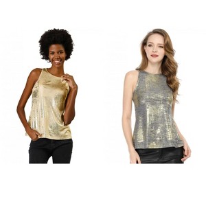 Allegra K Women's Party Shiny Sleeveless Keyhole Back Club Metallic Tank Top 2 Packs - 1 of 4