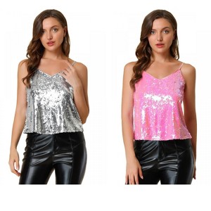 Allegra K Women's Sequined Shining Adjustable Straps Party Sparkle Cami Top 2 Packs - 1 of 4