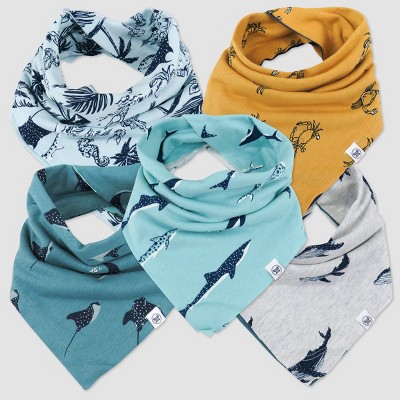 Image of Honest Baby 5pk Organic Cotton Seaside Fun Reversible Bandana Bib & Burp Cloth 0-12M