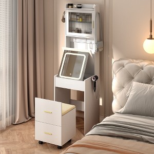 KTMBDW Modern Small Vanity Desk with Mirror and LED Lights,  Storage Shelves, Compact Mini Corner Vanity Set with Hidden Storage Stool for Bedroom - 1 of 4