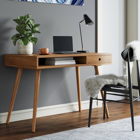 Nathan James Parker Mid century Desk With Drawer Acacia Light Brown Mdf Top Solid Wood Legs Home Office Furniture Target