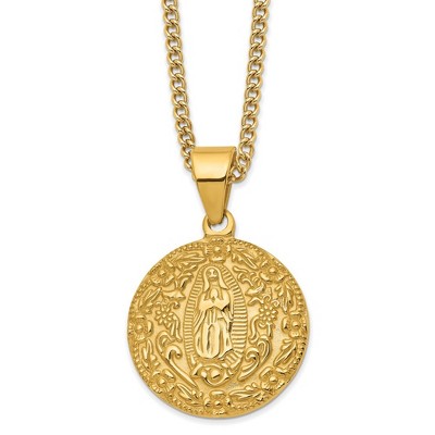 Chisel Stainless Steel and Textured Yellow IP-plated Our Lady of Guadalupe Pendant on a 24" Curb Chain Necklace