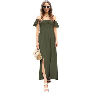 Anna-Kaci Women's Flutter Cap Sleeve Shirred Smocked Bodice Maxi Dress with Front Slits - 1 of 4