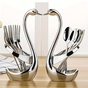 Attop 1pc Elegant Stainless Steel Swan-Shaped Cutlery Holder & Decorative Plate - Modern Novelty Design with Heart-Shaped Swan Neck & Spherical Base - 1 of 4