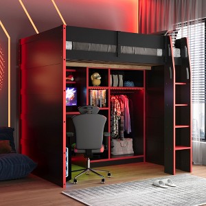 YOOCOZZ Full Size Wood Loft Bed with Desk, Open Wardrobe, Storage Compartments and RGB Lights - 1 of 4