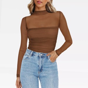 Womens Fall Tops Trendy Mock Turtle Neck Long Sleeve Tops Sheer Mesh Ruched Slim Fit Going Out Shirts Blouse - 1 of 4