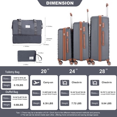 Vynxaria 5-Piece Dark Grey PP Hardshell Luggage Set 20/24/28" Suitcases Travel Bag Toiletry Pouch TSA Lock
