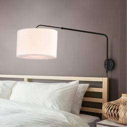 Coby Adjustable Sconce, Wall Mount Light with Telescopic Swing Arm, Matte Black Finish with 2 Linen Shades Included