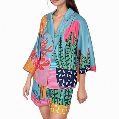 Anna-Kaci Lounge Women's Bold Botanical Print Pajama Set with Long Sleeves Notch Collar Button Front and Matching Shorts