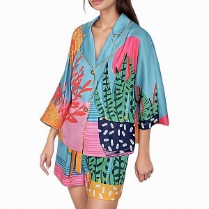 Anna-Kaci Lounge Women's Bold Botanical Print Pajama Set with Long Sleeves Notch Collar Button Front and Matching Shorts - 1 of 4