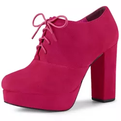 Allegra K Women's Platform Chunky Heel Lace Up Booties Red Hot Pink 7 M US