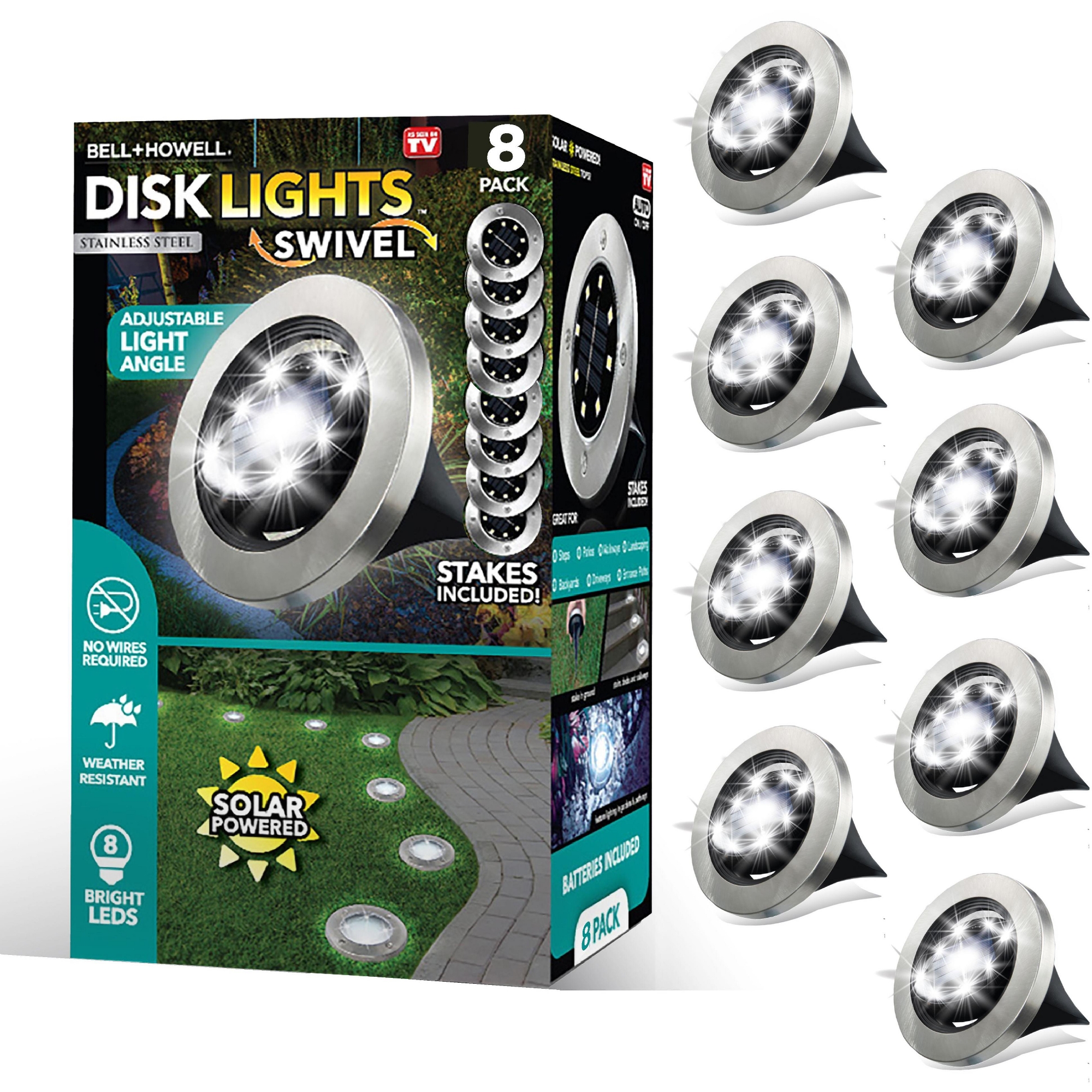Solar Lights 8 LED Swivel Solar Powered Disk Lights with Auto On/Off Solar Ground Pathway Lights 8 Pcs
