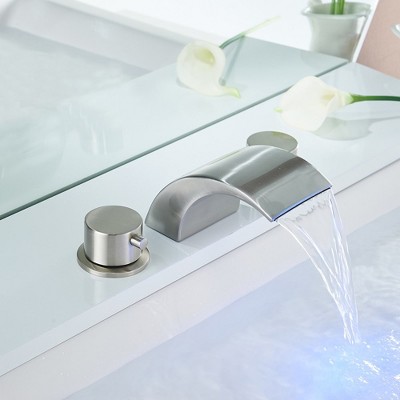 Brushed Nickel 8-Inch Widespread Waterfall Bathroom Faucet with LED Light
